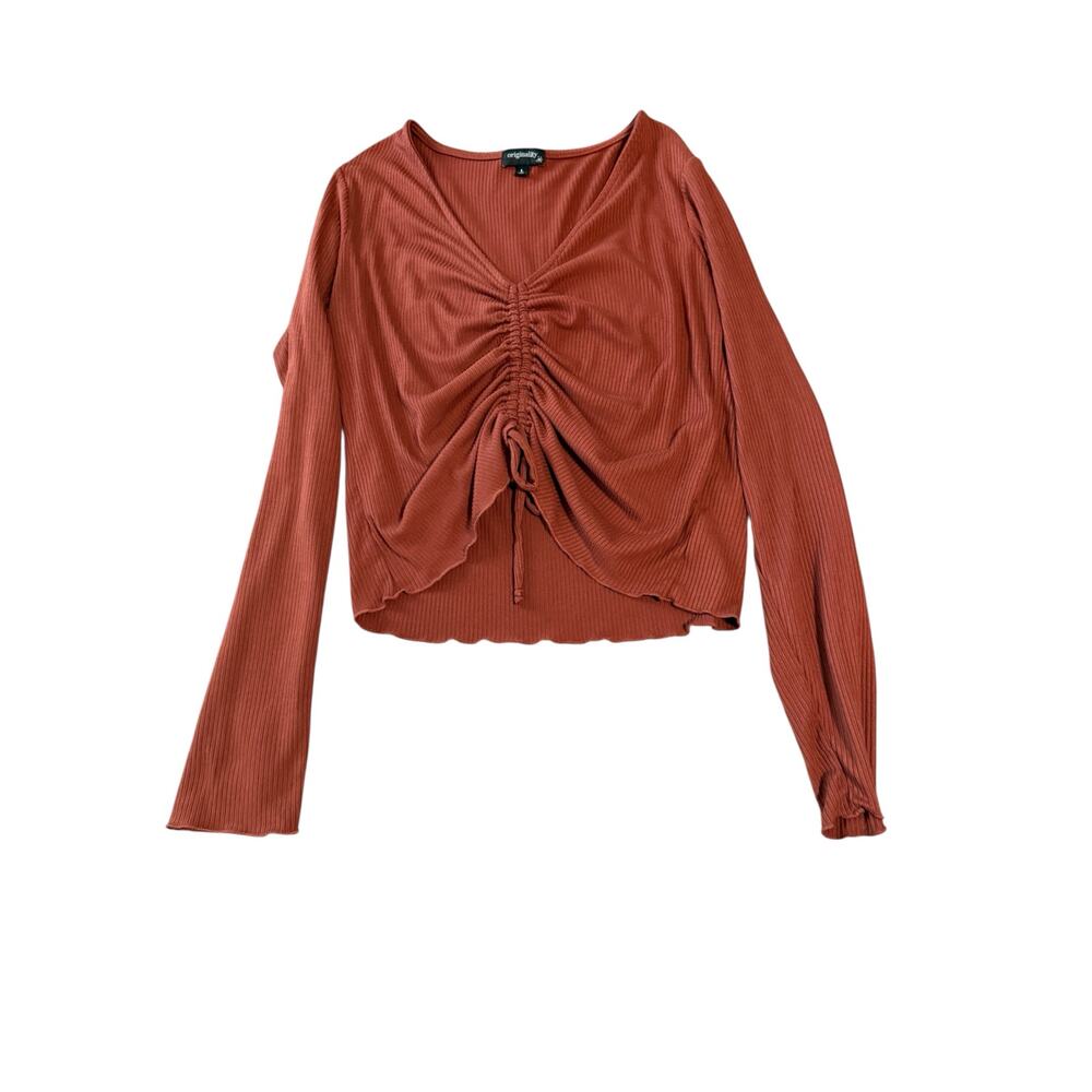 NWOT Originality Large Rust Orange‎ Brown Long Sleeve Cropped Ribbed Lettuce Hem